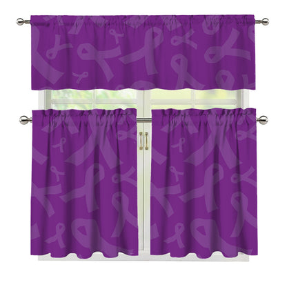 Purple Cancer Awareness Ribbon Print 3 Piece Kitchen Curtains