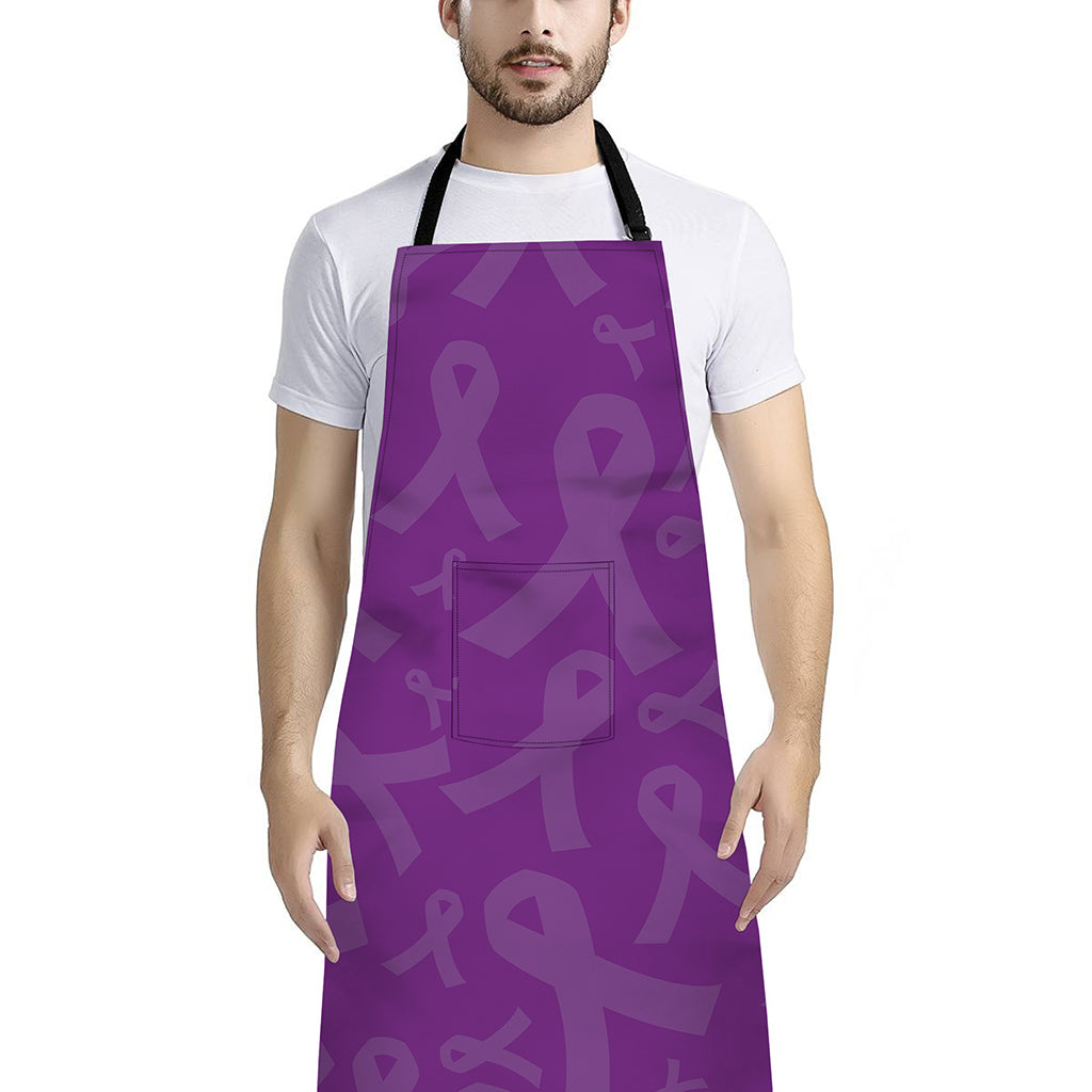 Purple Cancer Awareness Ribbon Print Bib Apron With Pocket