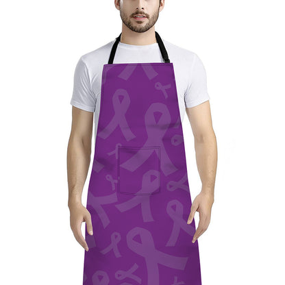 Purple Cancer Awareness Ribbon Print Bib Apron With Pocket