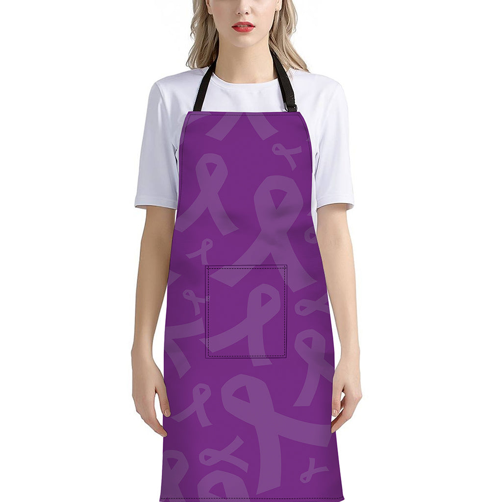 Purple Cancer Awareness Ribbon Print Bib Apron With Pocket