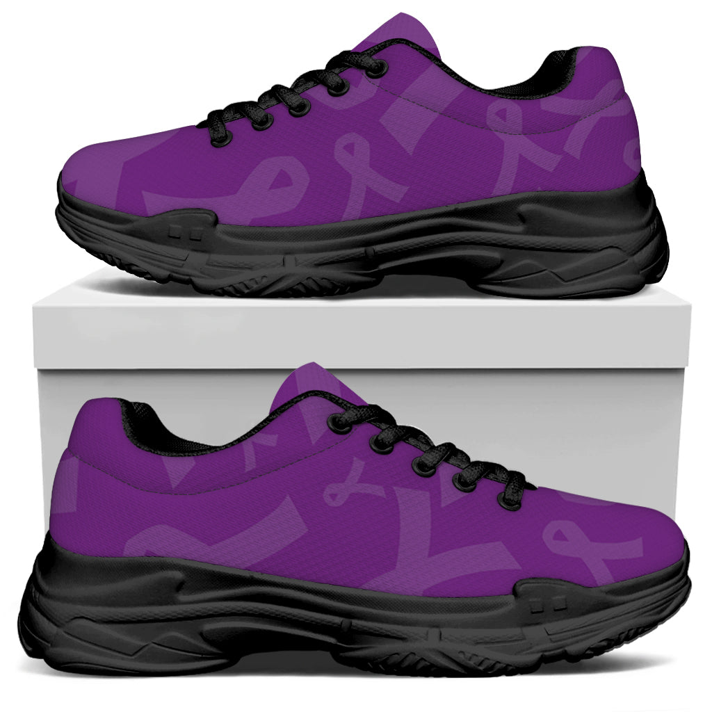 Purple Cancer Awareness Ribbon Print Black Chunky Shoes