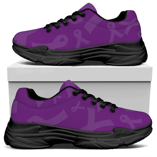 Purple Cancer Awareness Ribbon Print Black Chunky Shoes