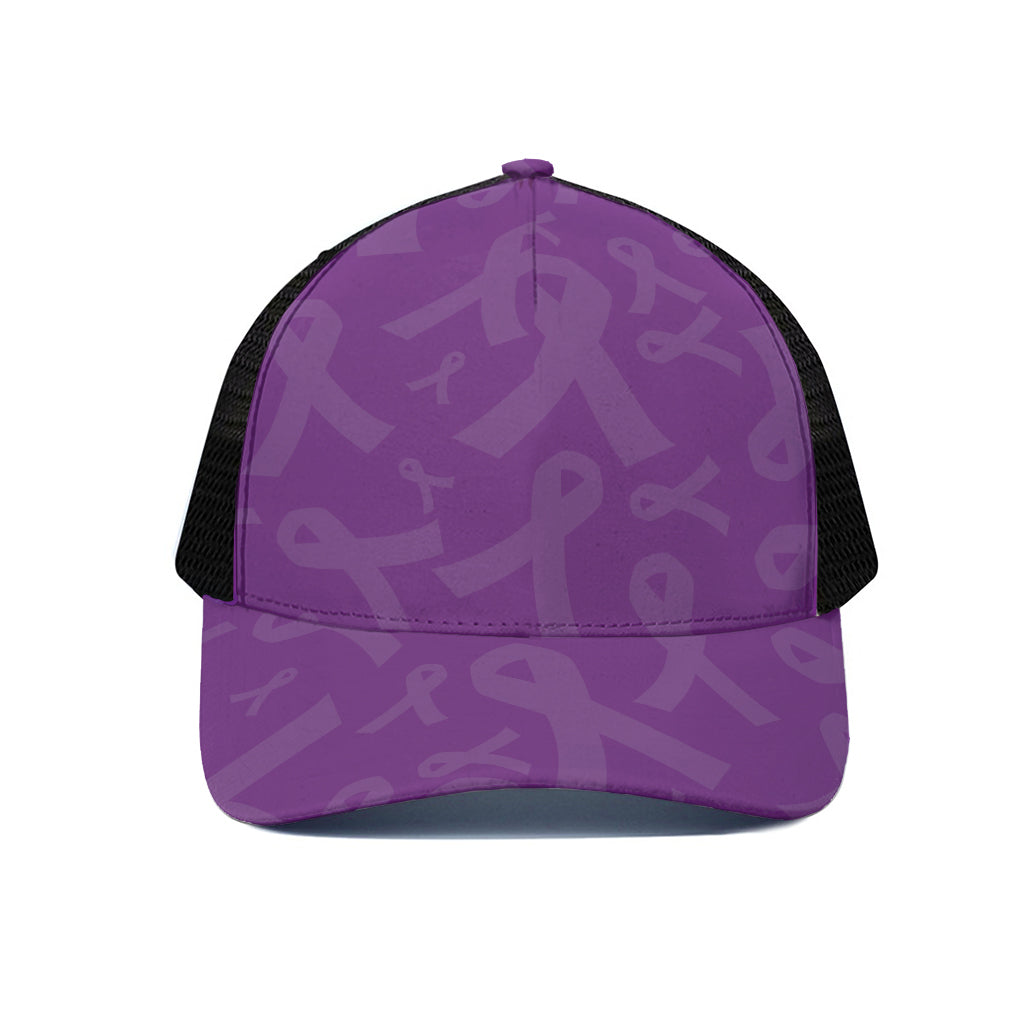 Purple Cancer Awareness Ribbon Print Black Mesh Trucker Cap