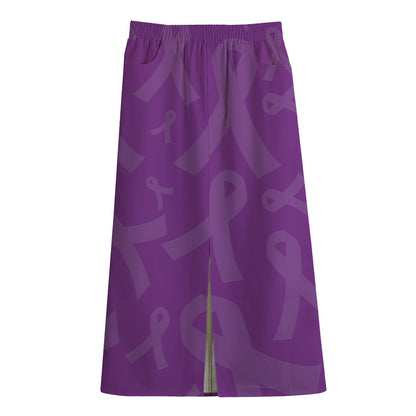 Purple Cancer Awareness Ribbon Print Cotton Front Slit Maxi Skirt