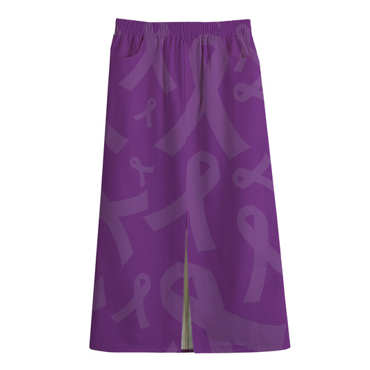 Purple Cancer Awareness Ribbon Print Cotton Front Slit Maxi Skirt