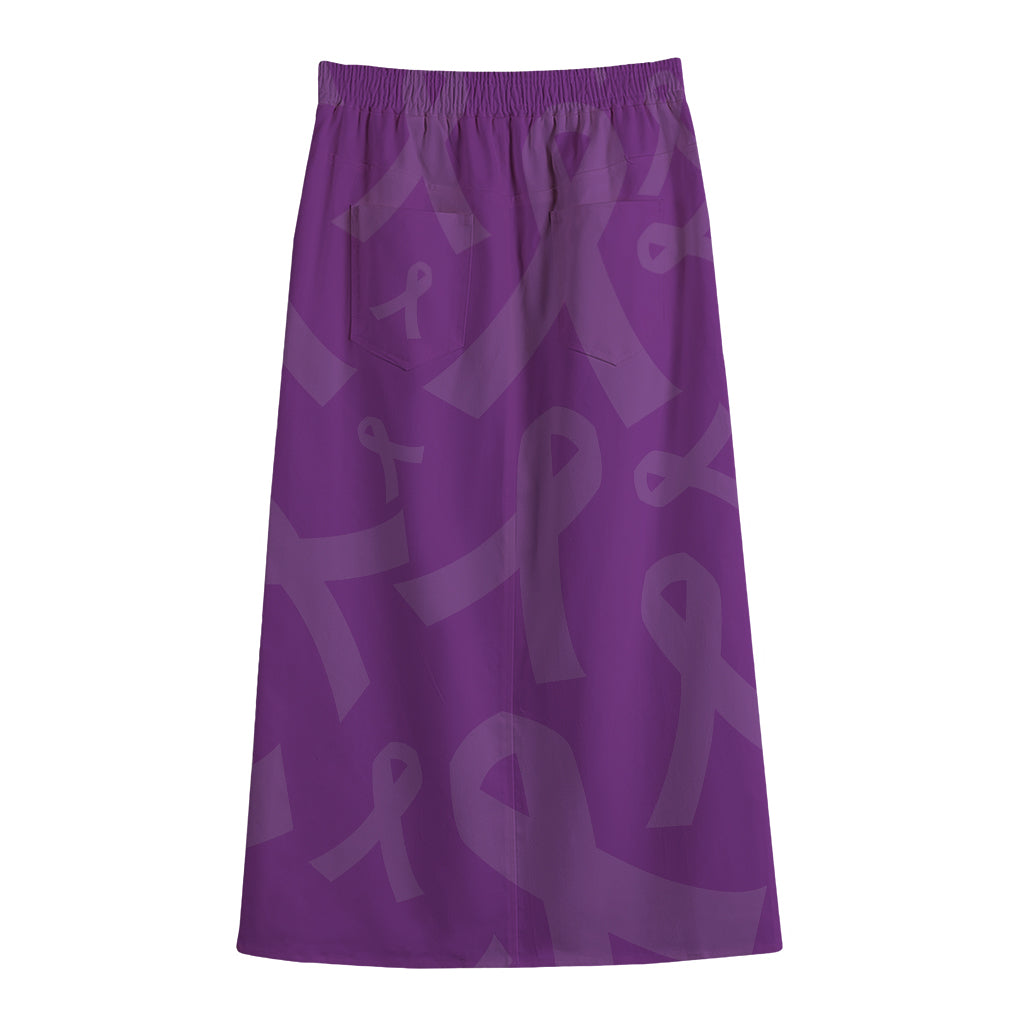 Purple Cancer Awareness Ribbon Print Cotton Front Slit Maxi Skirt