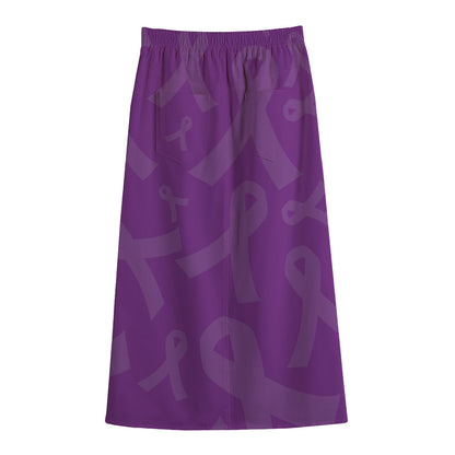 Purple Cancer Awareness Ribbon Print Cotton Front Slit Maxi Skirt