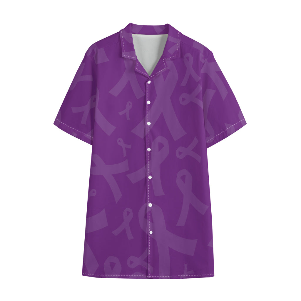 Purple Cancer Awareness Ribbon Print Cotton Hawaiian Shirt