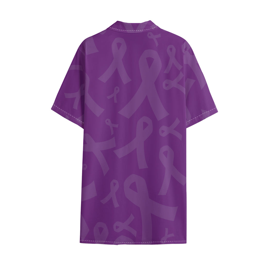 Purple Cancer Awareness Ribbon Print Cotton Hawaiian Shirt