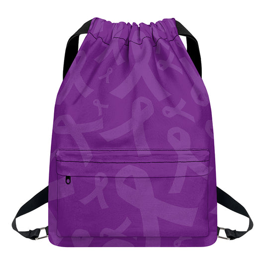 Purple Cancer Awareness Ribbon Print Drawstring Backpack