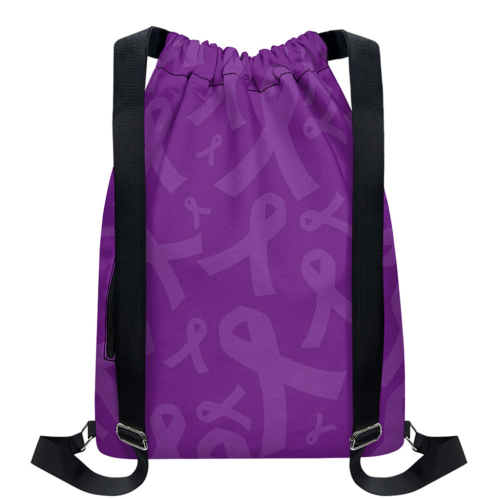 Purple Cancer Awareness Ribbon Print Drawstring Backpack