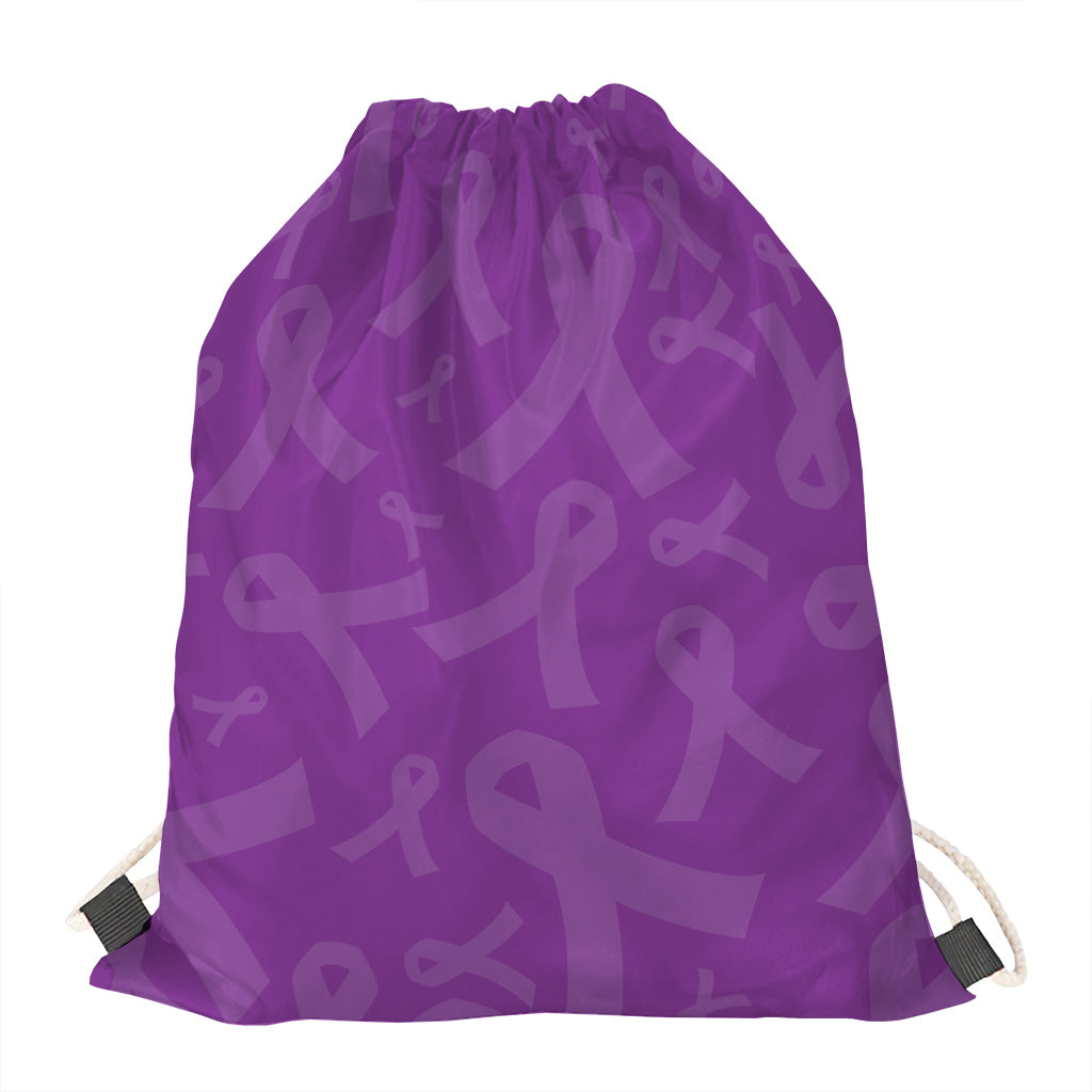 Purple Cancer Awareness Ribbon Print Drawstring Bag