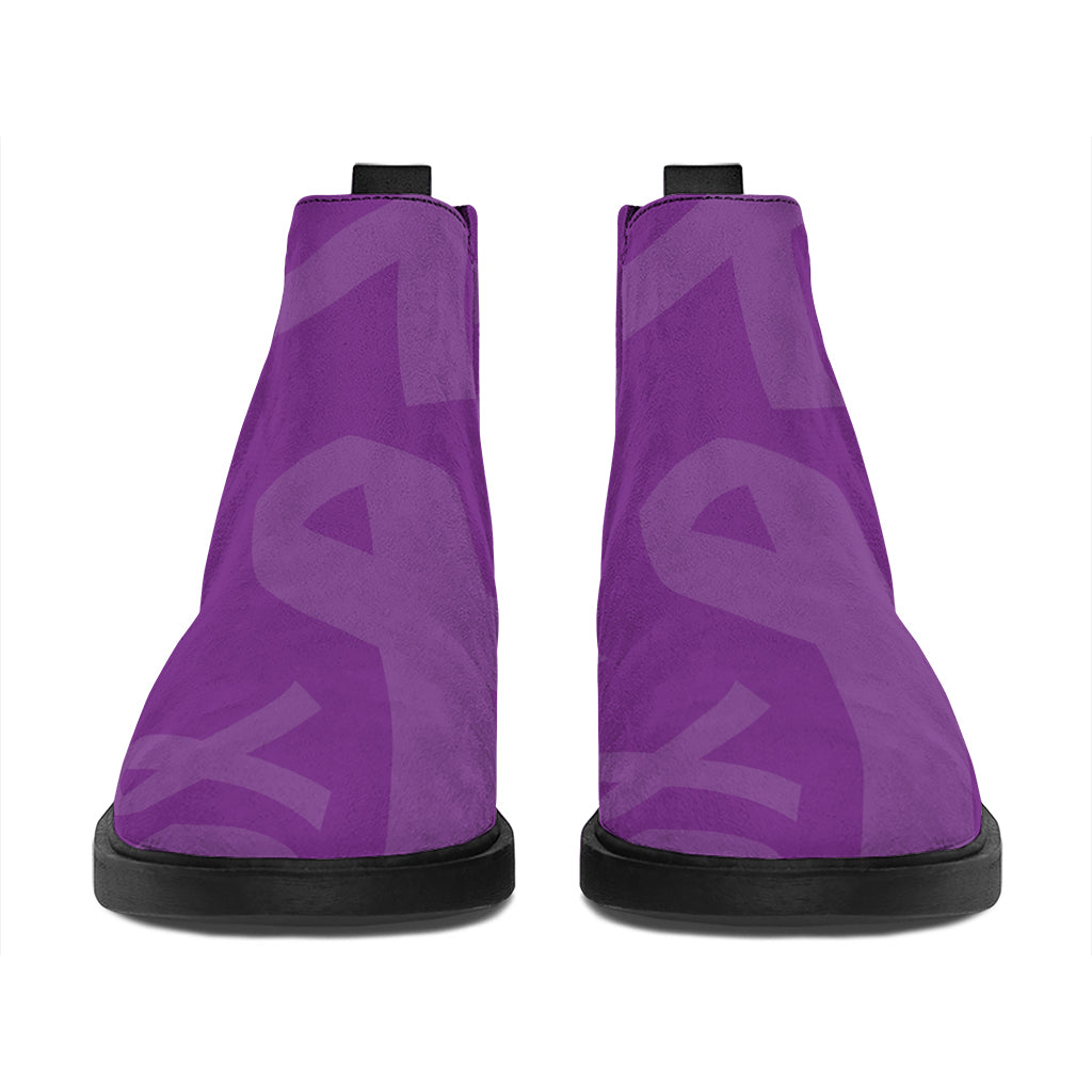 Purple Cancer Awareness Ribbon Print Flat Ankle Boots