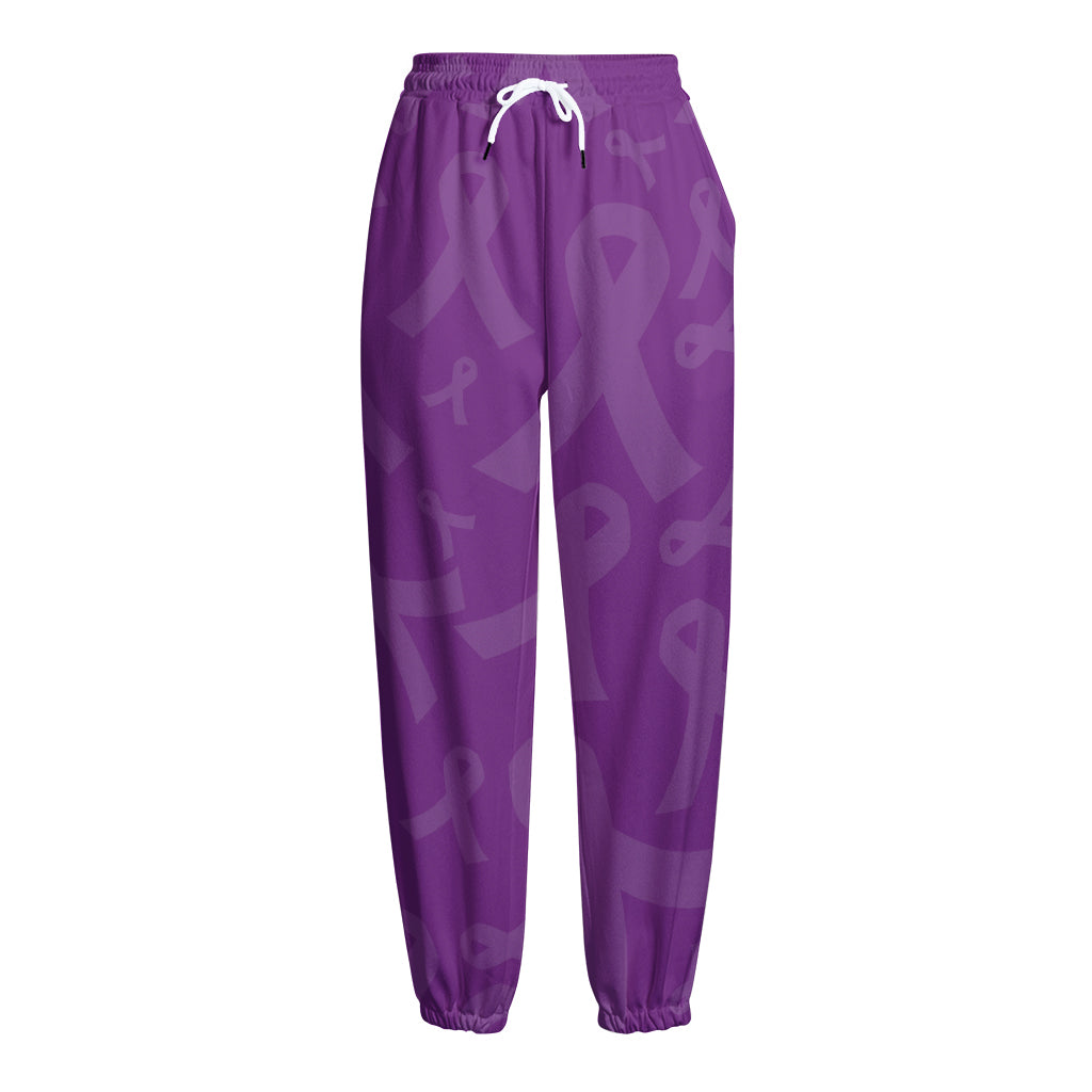 Purple Cancer Awareness Ribbon Print Fleece Lined Knit Pants