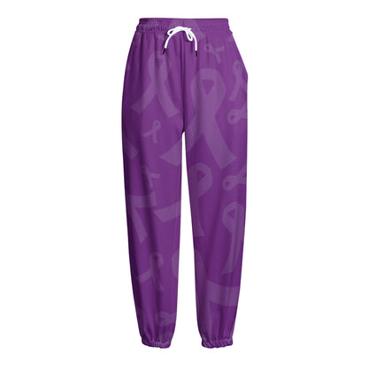 Purple Cancer Awareness Ribbon Print Fleece Lined Knit Pants