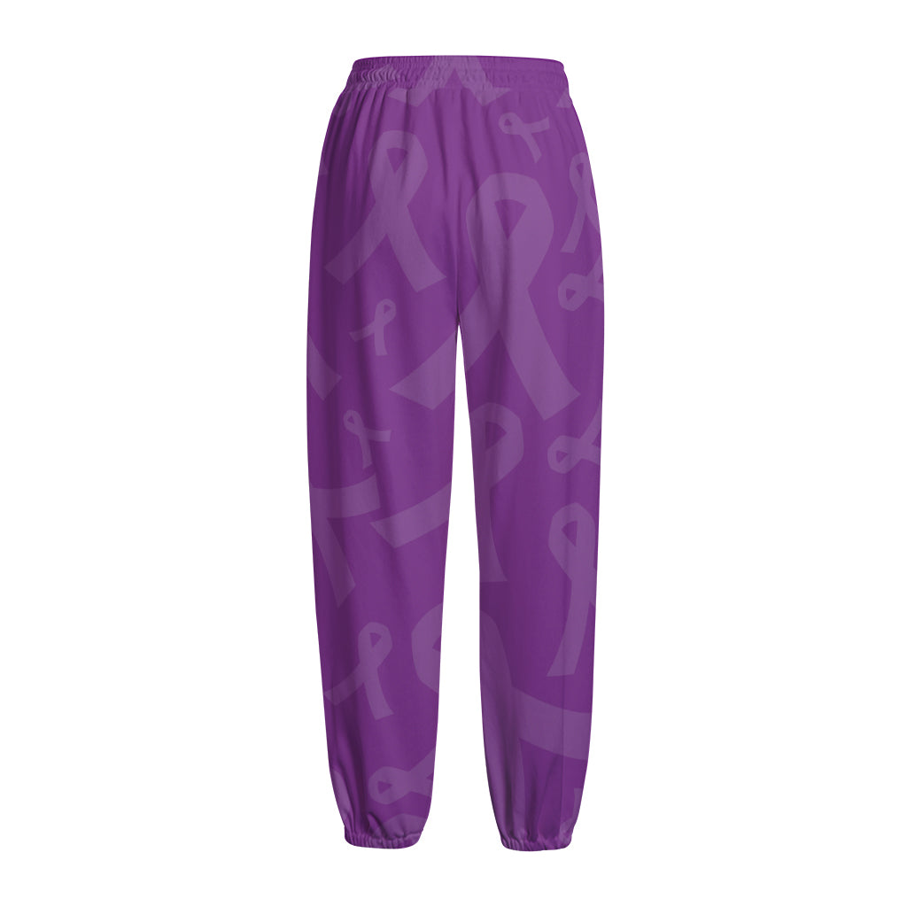 Purple Cancer Awareness Ribbon Print Fleece Lined Knit Pants