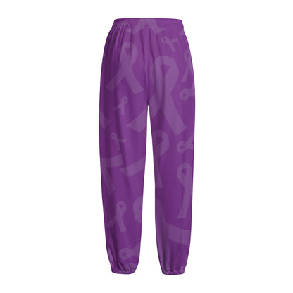 Purple Cancer Awareness Ribbon Print Fleece Lined Knit Pants