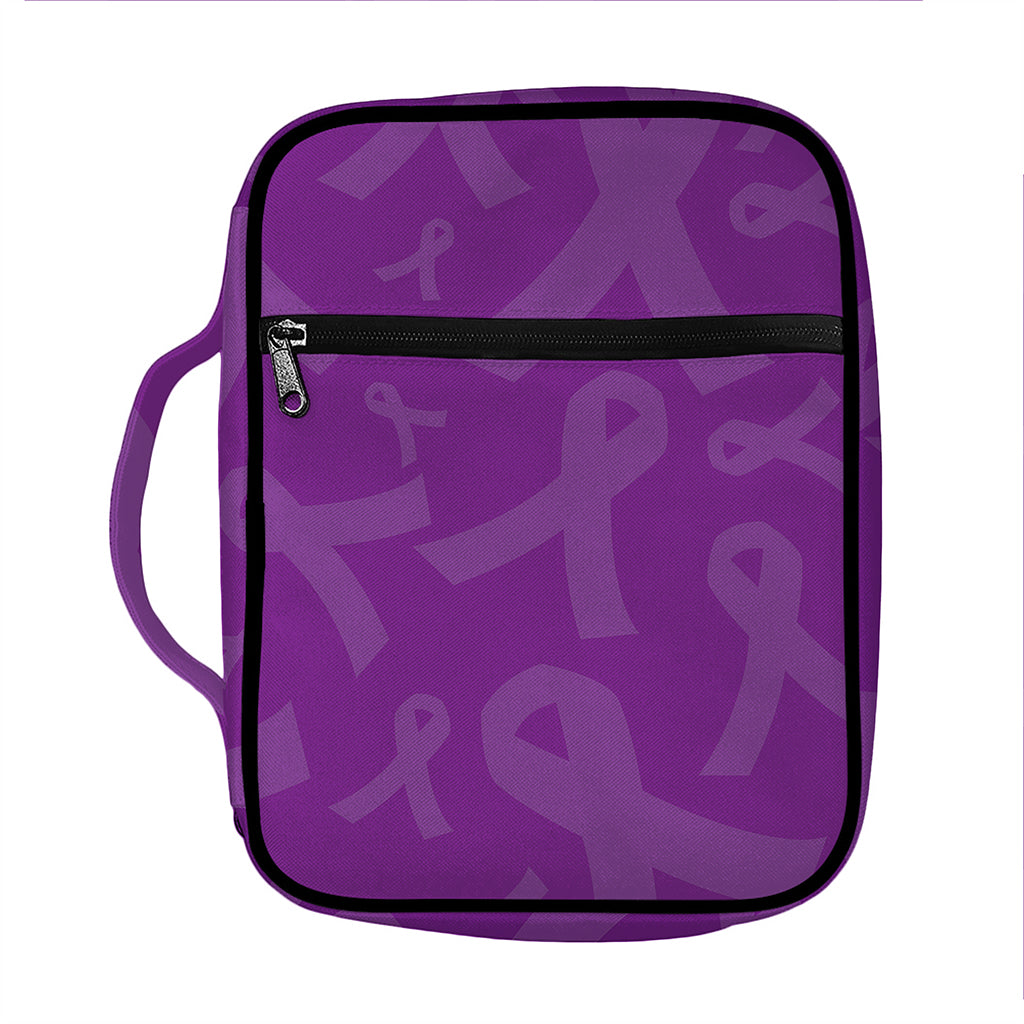 Purple Cancer Awareness Ribbon Print Front Pocket Bible Bag