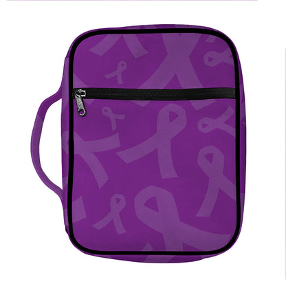 Purple Cancer Awareness Ribbon Print Front Pocket Bible Bag