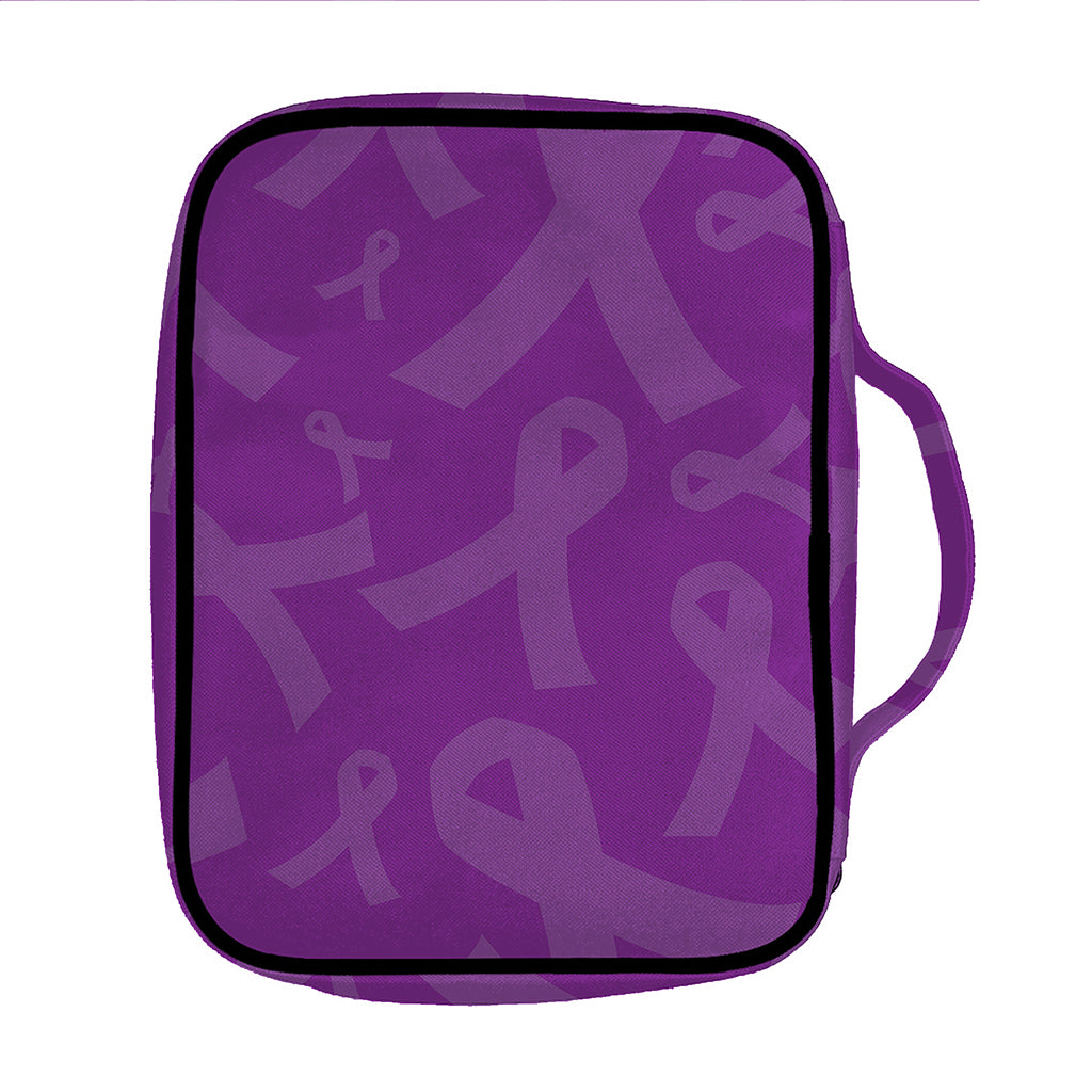 Purple Cancer Awareness Ribbon Print Front Pocket Bible Bag