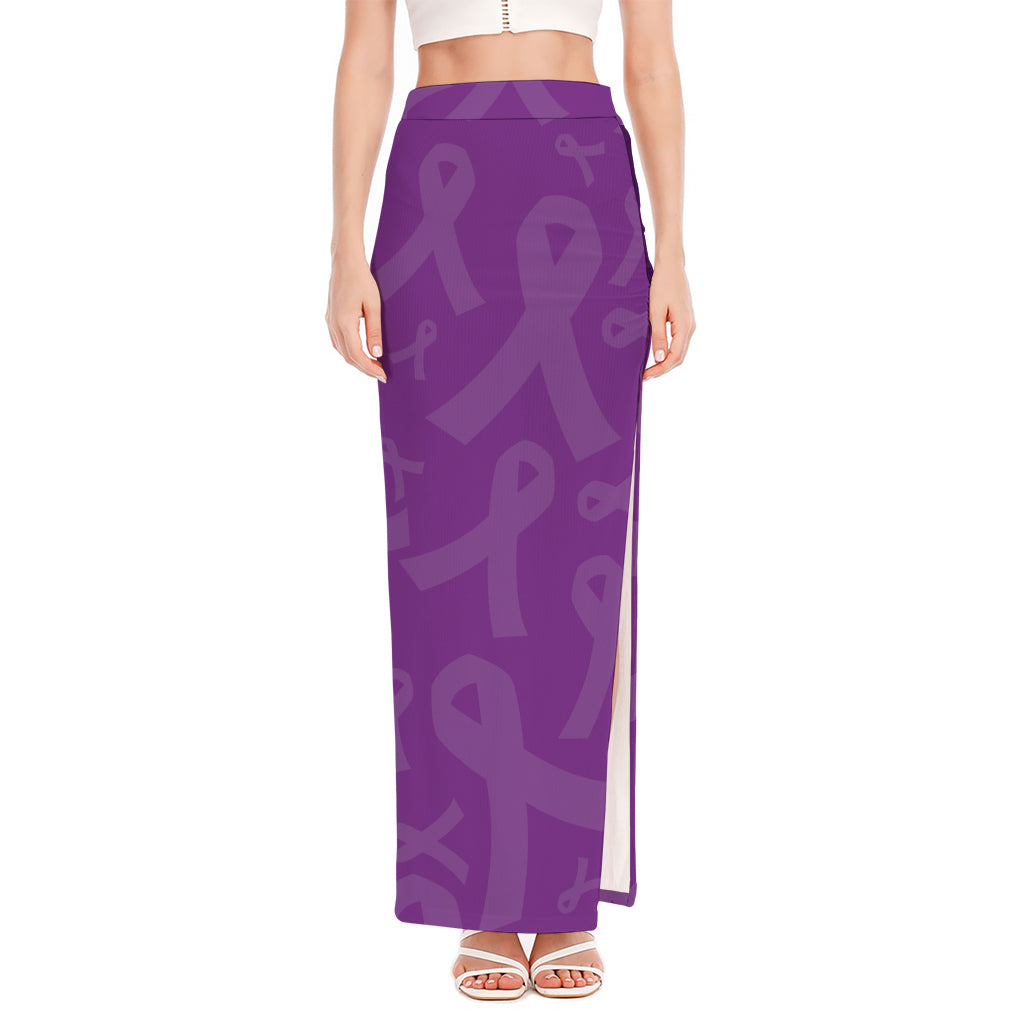 Purple Cancer Awareness Ribbon Print High Slit Maxi Skirt