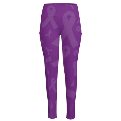 Purple Cancer Awareness Ribbon Print High-Waisted Pocket Leggings