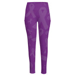 Purple Cancer Awareness Ribbon Print High-Waisted Pocket Leggings