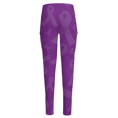 Purple Cancer Awareness Ribbon Print High-Waisted Pocket Leggings