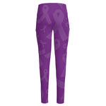 Purple Cancer Awareness Ribbon Print High-Waisted Pocket Leggings