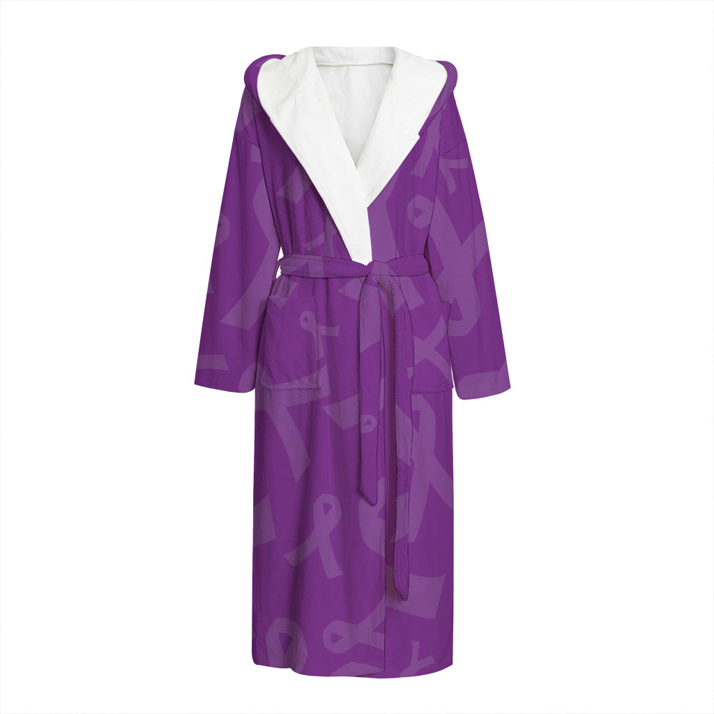 Purple Cancer Awareness Ribbon Print Hooded Bathrobe