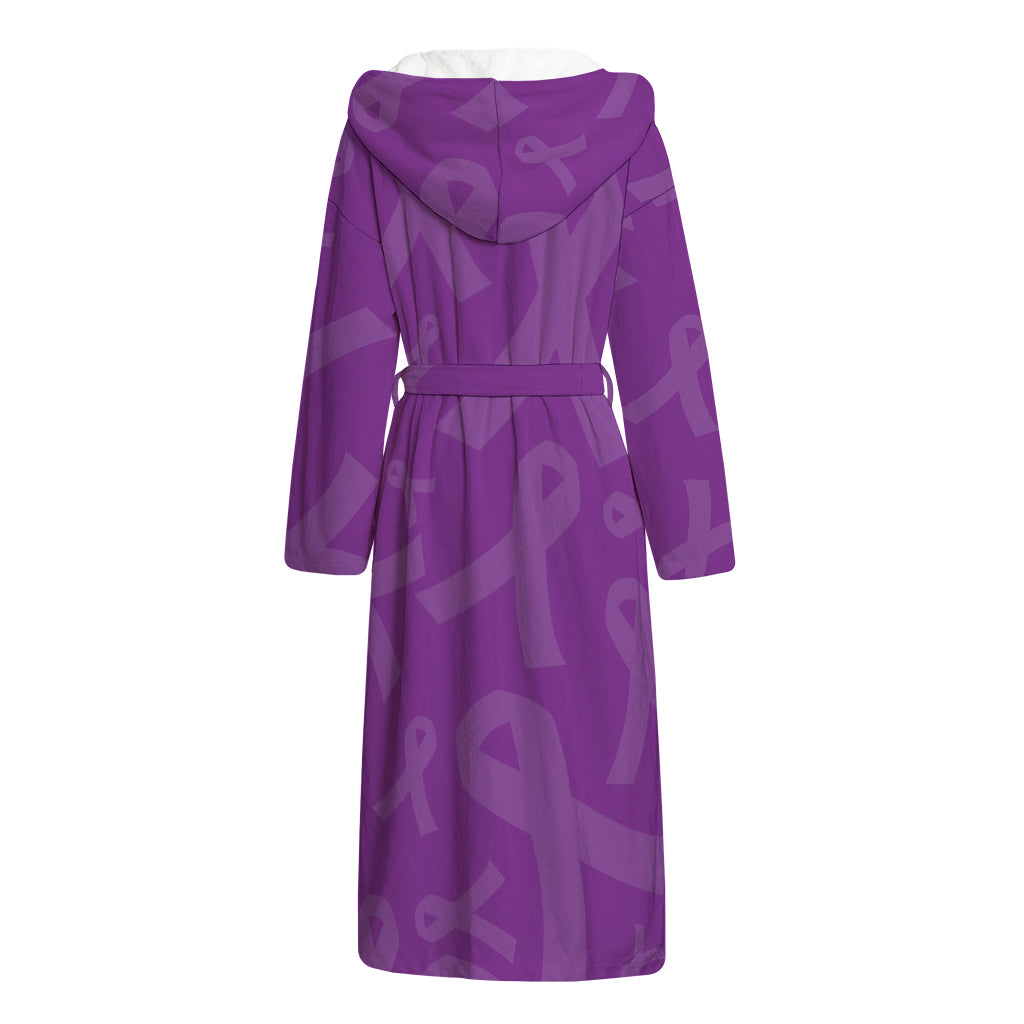 Purple Cancer Awareness Ribbon Print Hooded Bathrobe