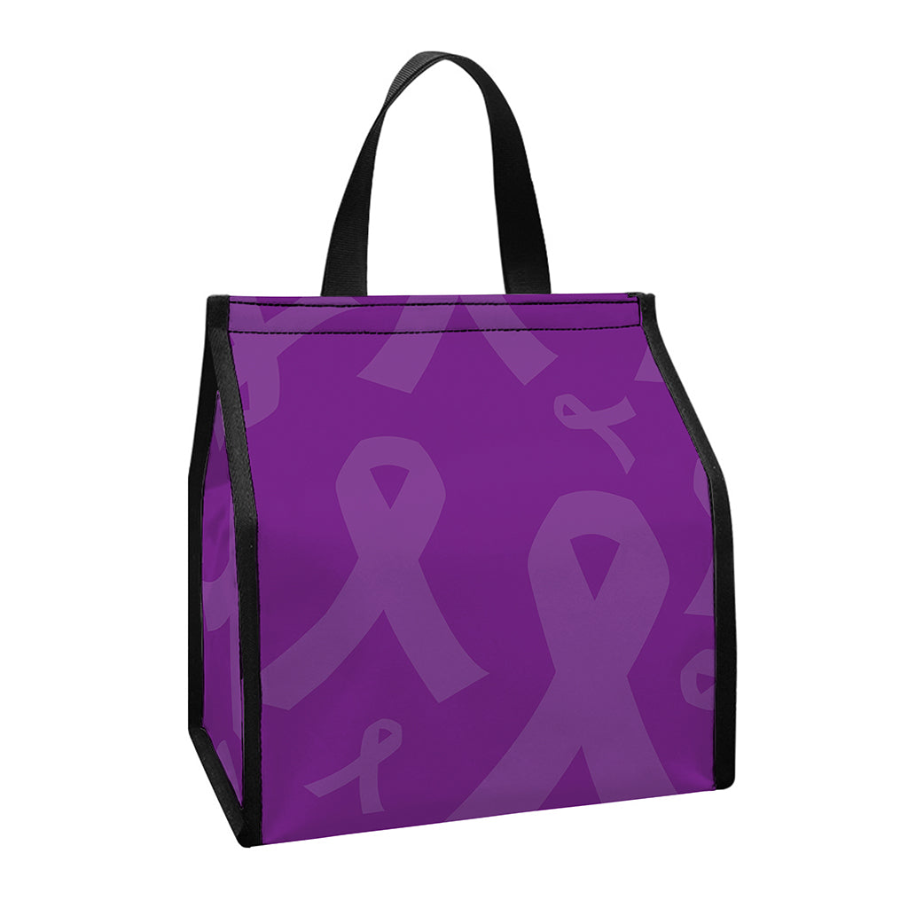 Purple Cancer Awareness Ribbon Print Insulated Lunch Tote