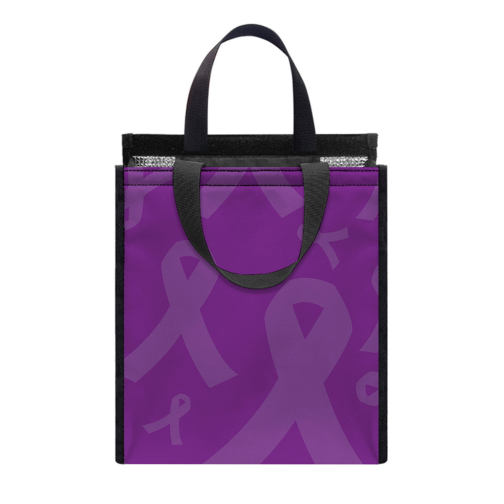 Purple Cancer Awareness Ribbon Print Insulated Lunch Tote