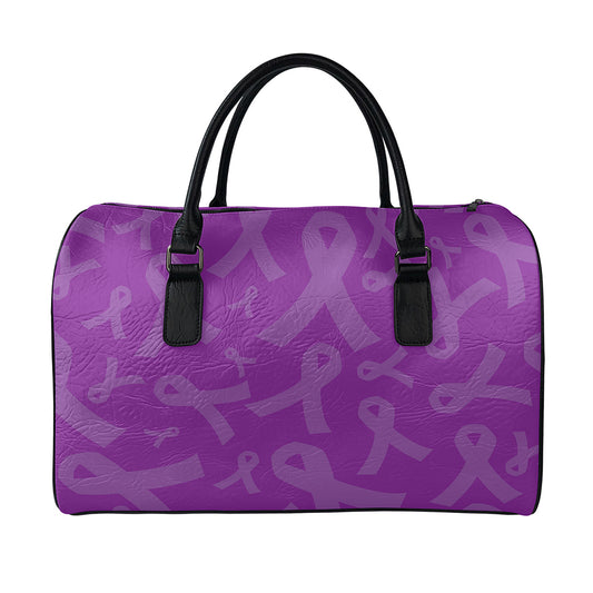 Purple Cancer Awareness Ribbon Print Leather Duffle Bag