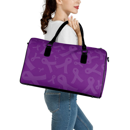 Purple Cancer Awareness Ribbon Print Leather Duffle Bag