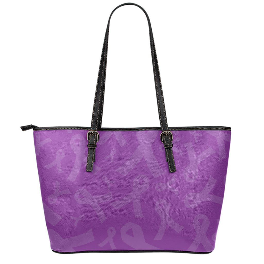 Purple Cancer Awareness Ribbon Print Leather Tote Bag
