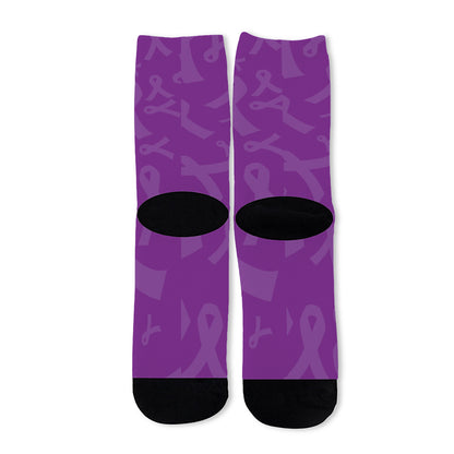 Purple Cancer Awareness Ribbon Print Long Socks