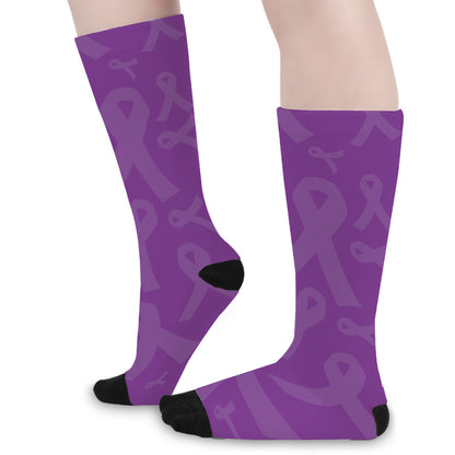 Purple Cancer Awareness Ribbon Print Long Socks