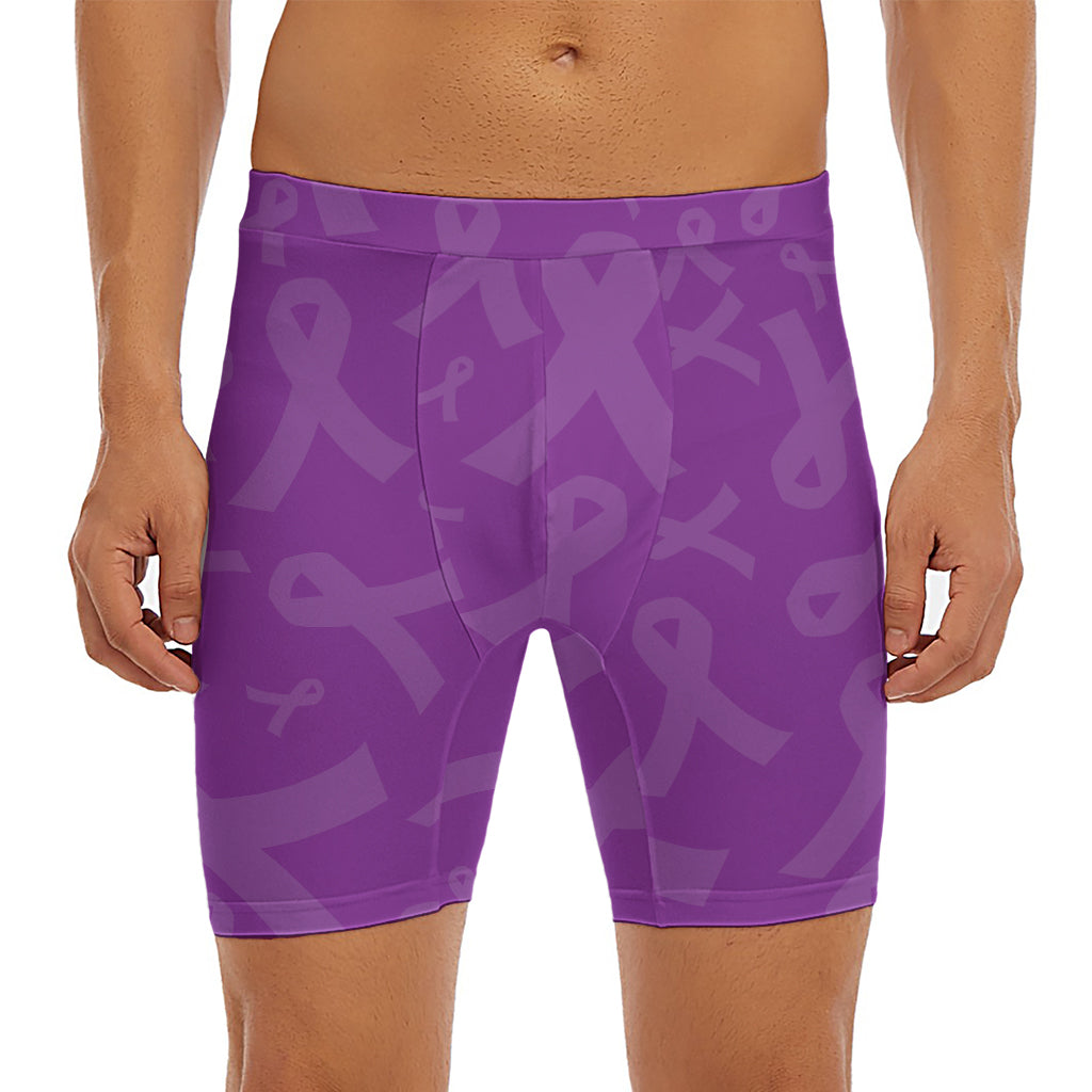 Purple Cancer Awareness Ribbon Print Men's Long Boxer Briefs