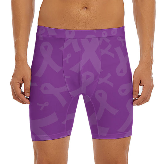 Purple Cancer Awareness Ribbon Print Men's Long Boxer Briefs