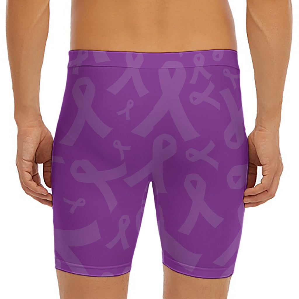 Purple Cancer Awareness Ribbon Print Men's Long Boxer Briefs