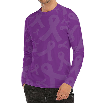 Purple Cancer Awareness Ribbon Print Men's Long Sleeve Rash Guard