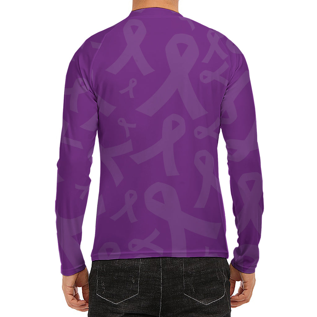 Purple Cancer Awareness Ribbon Print Men's Long Sleeve Rash Guard