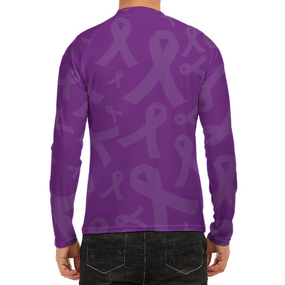 Purple Cancer Awareness Ribbon Print Men's Long Sleeve Rash Guard