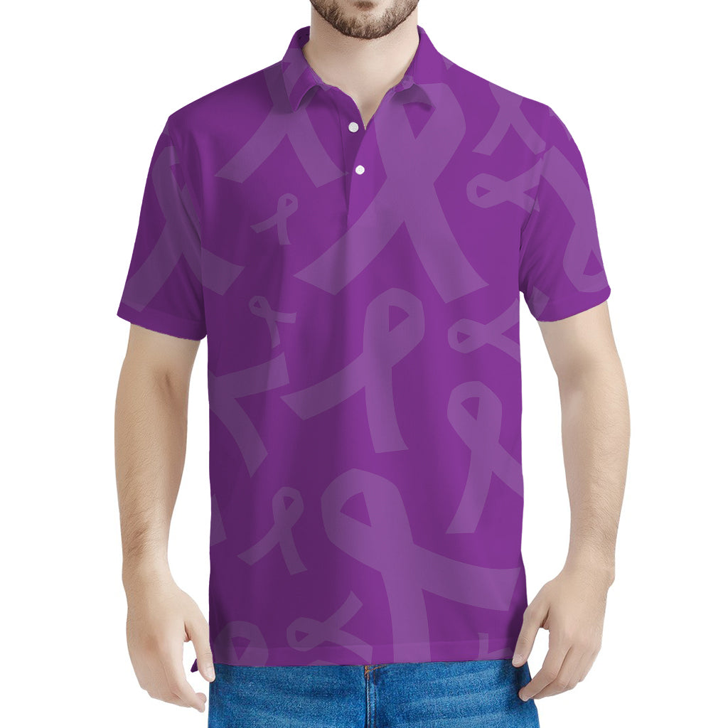 Purple Cancer Awareness Ribbon Print Men's Polo Shirt