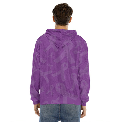 Purple Cancer Awareness Ribbon Print Men's Velvet Pullover Hoodie