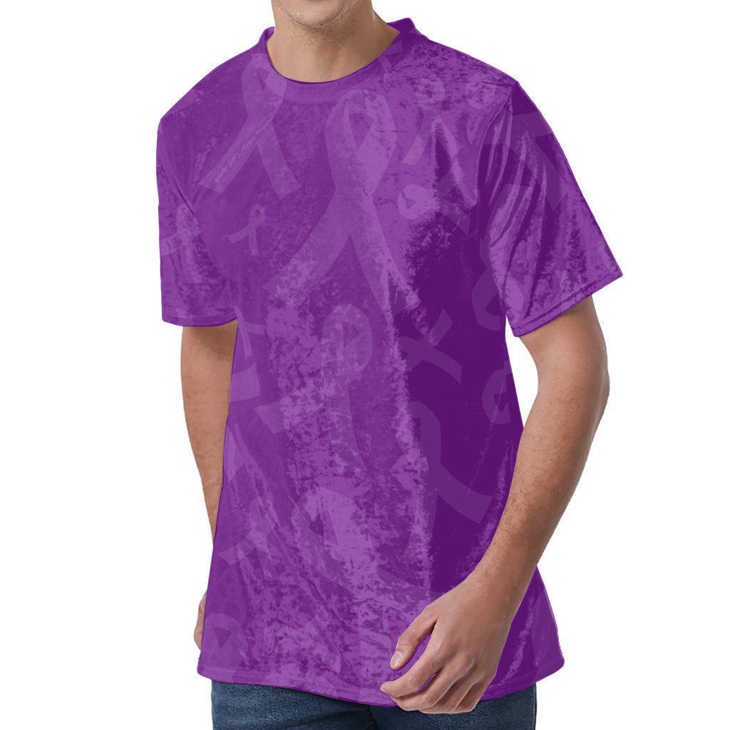 Purple Cancer Awareness Ribbon Print Men's Velvet T-Shirt