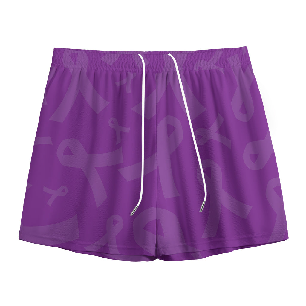Purple Cancer Awareness Ribbon Print Mesh Shorts