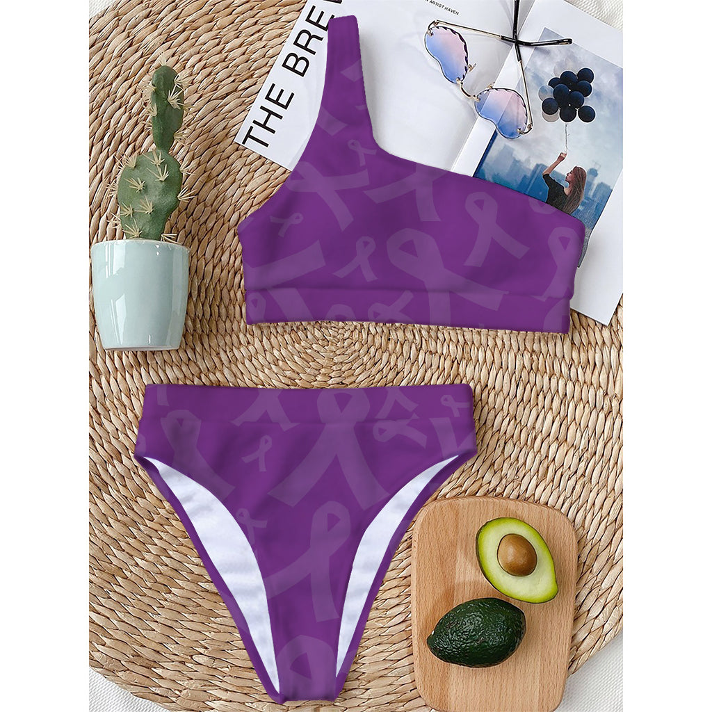 Purple Cancer Awareness Ribbon Print One Shoulder Bikini Top