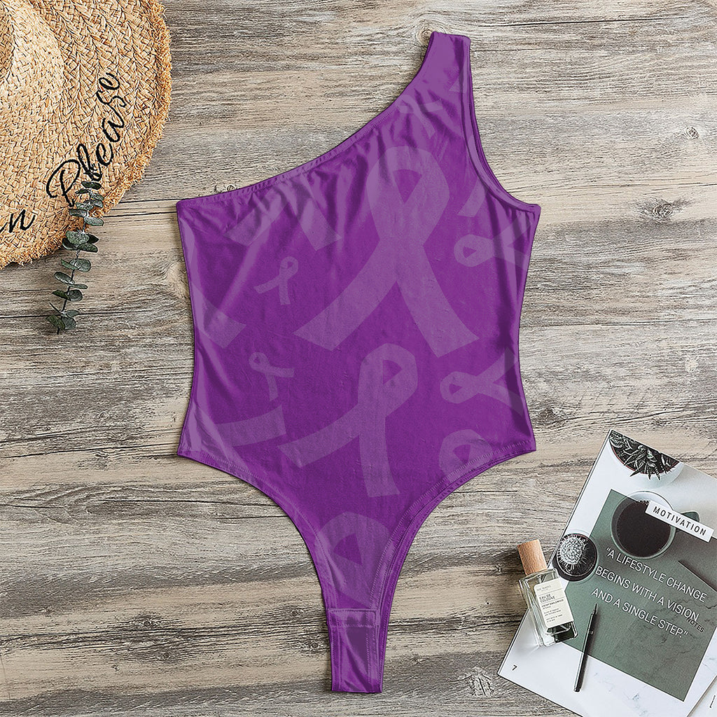 Purple Cancer Awareness Ribbon Print One Shoulder Bodysuit